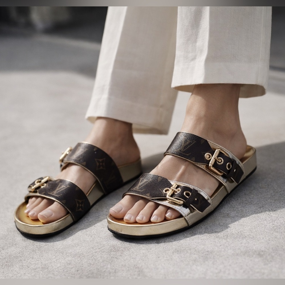Louis Vuitton Bom Dia Slide Sandals Monogram Canvas Leather Gold Brown Size 38 8